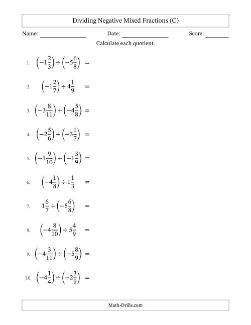 The Dividing Negative Mixed Fractions with Unlike Denominators Up to Twelfths, Mixed Fraction Results and No Simplifying (C) Math Worksheet