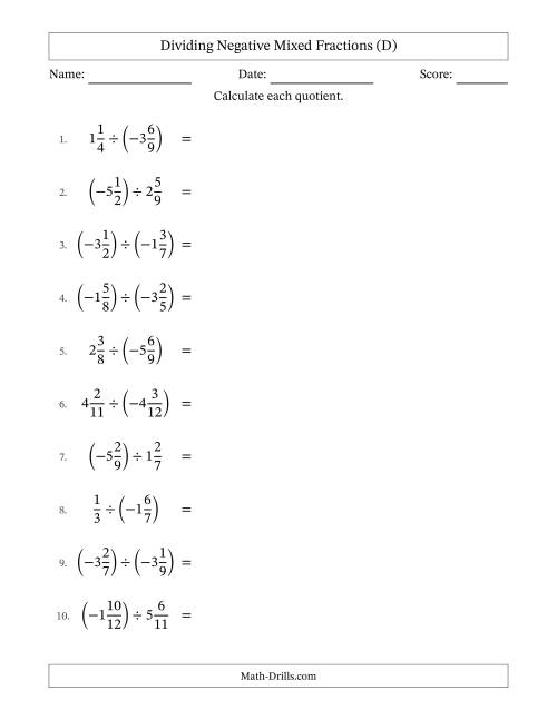 The Dividing Negative Mixed Fractions with Unlike Denominators Up to Twelfths, Mixed Fraction Results and No Simplifying (D) Math Worksheet