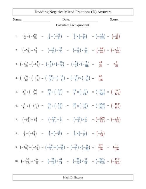 The Dividing Negative Mixed Fractions with Unlike Denominators Up to Twelfths, Mixed Fraction Results and No Simplifying (D) Math Worksheet Page 2