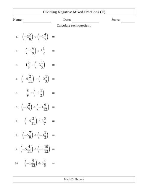 The Dividing Negative Mixed Fractions with Unlike Denominators Up to Twelfths, Mixed Fraction Results and No Simplifying (E) Math Worksheet