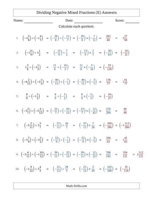 The Dividing Negative Mixed Fractions with Unlike Denominators Up to Twelfths, Mixed Fraction Results and No Simplifying (E) Math Worksheet Page 2