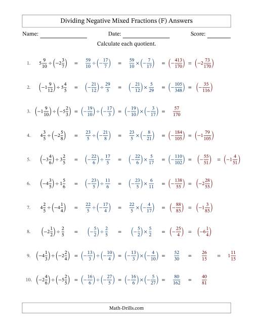 The Dividing Negative Mixed Fractions with Unlike Denominators Up to Twelfths, Mixed Fraction Results and No Simplifying (F) Math Worksheet Page 2