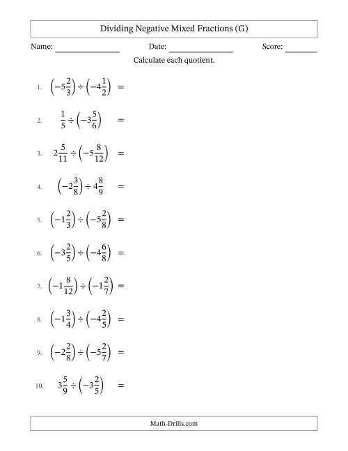 The Dividing Negative Mixed Fractions with Unlike Denominators Up to Twelfths, Mixed Fraction Results and No Simplifying (G) Math Worksheet
