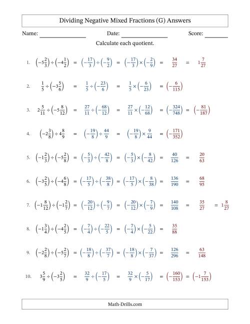 The Dividing Negative Mixed Fractions with Unlike Denominators Up to Twelfths, Mixed Fraction Results and No Simplifying (G) Math Worksheet Page 2