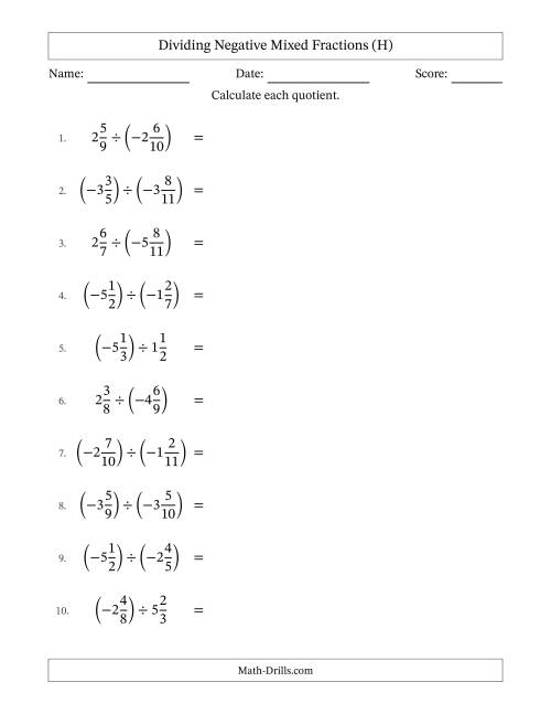 The Dividing Negative Mixed Fractions with Unlike Denominators Up to Twelfths, Mixed Fraction Results and No Simplifying (H) Math Worksheet
