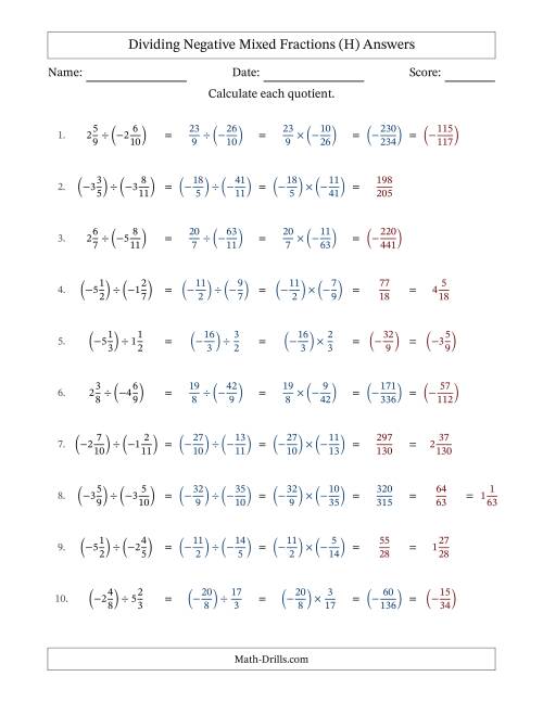 The Dividing Negative Mixed Fractions with Unlike Denominators Up to Twelfths, Mixed Fraction Results and No Simplifying (H) Math Worksheet Page 2