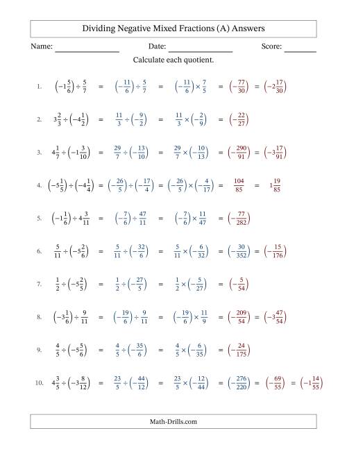 The Dividing Negative Mixed Fractions with Unlike Denominators Up to Twelfths, Mixed Fraction Results and No Simplifying (All) Math Worksheet Page 2