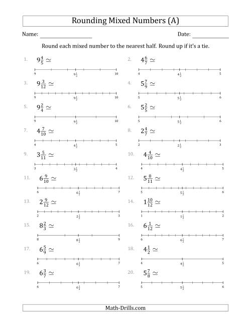 The Rounding Mixed Numbers to the Nearest Half with Helper Lines (A) Math Worksheet