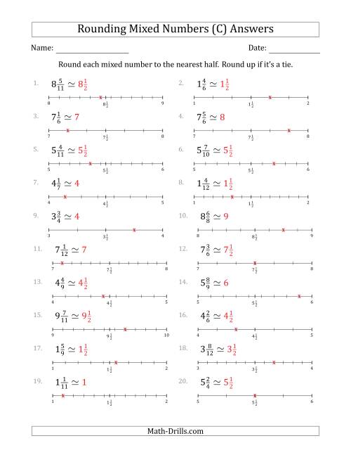 The Rounding Mixed Numbers to the Nearest Half with Helper Lines (C) Math Worksheet Page 2