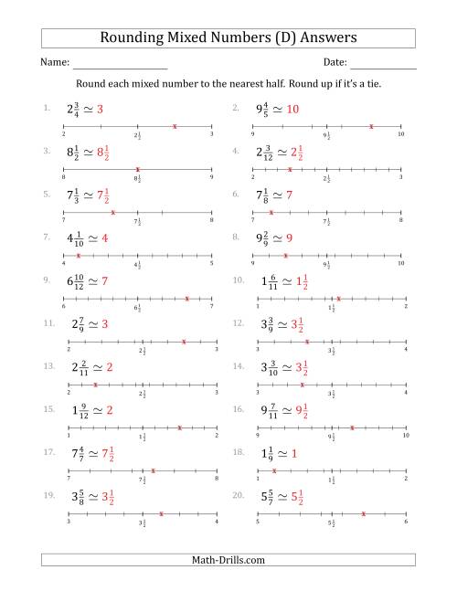The Rounding Mixed Numbers to the Nearest Half with Helper Lines (D) Math Worksheet Page 2