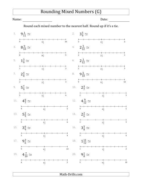 The Rounding Mixed Numbers to the Nearest Half with Helper Lines (G) Math Worksheet