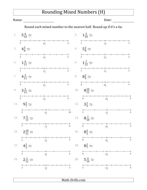 The Rounding Mixed Numbers to the Nearest Half with Helper Lines (H) Math Worksheet