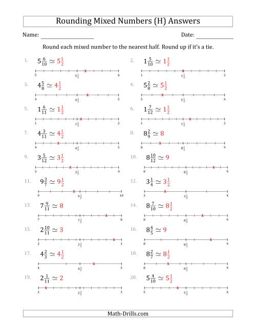 The Rounding Mixed Numbers to the Nearest Half with Helper Lines (H) Math Worksheet Page 2
