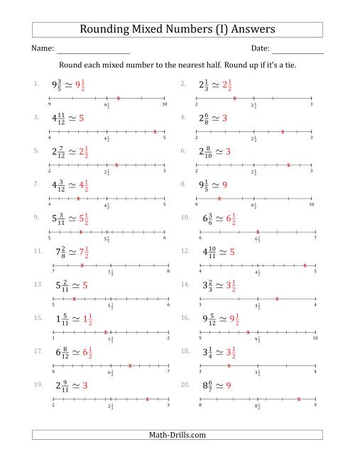 The Rounding Mixed Numbers to the Nearest Half with Helper Lines (I) Math Worksheet Page 2
