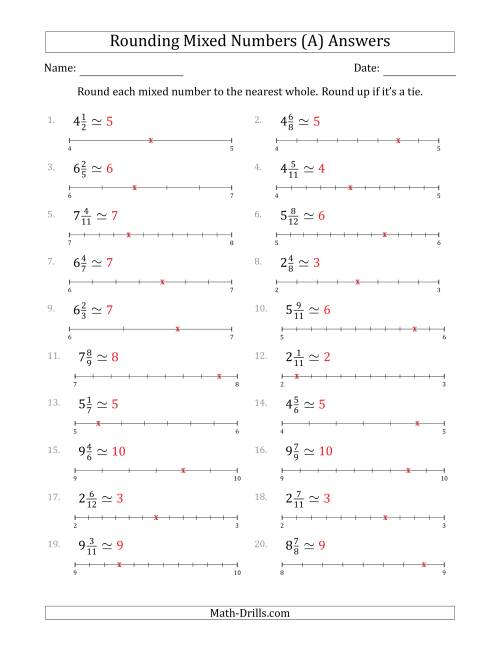 The Rounding Mixed Numbers to the Nearest Whole with Helper Lines (A) Math Worksheet Page 2