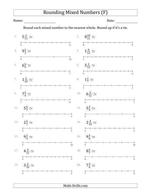 The Rounding Mixed Numbers to the Nearest Whole with Helper Lines (F) Math Worksheet