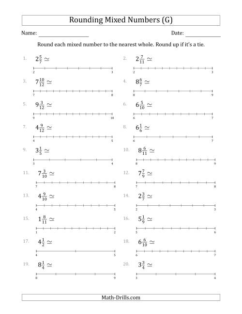 The Rounding Mixed Numbers to the Nearest Whole with Helper Lines (G) Math Worksheet