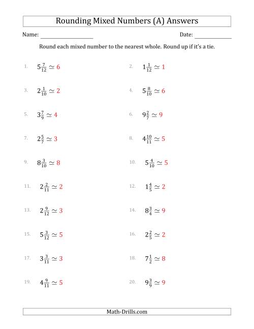 The Rounding Mixed Numbers to the Nearest Whole (A) Math Worksheet Page 2