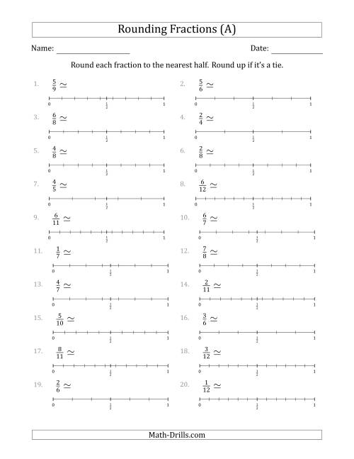 The Rounding Fractions to the Nearest Half with Helper Lines (A) Math Worksheet