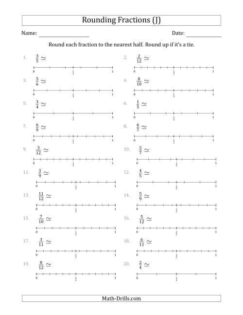 The Rounding Fractions to the Nearest Half with Helper Lines (J) Math Worksheet