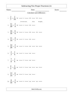 Subtracting Two Proper Fractions with Similar Denominators, Proper Fractions Results and Some Simplifying (Fillable)