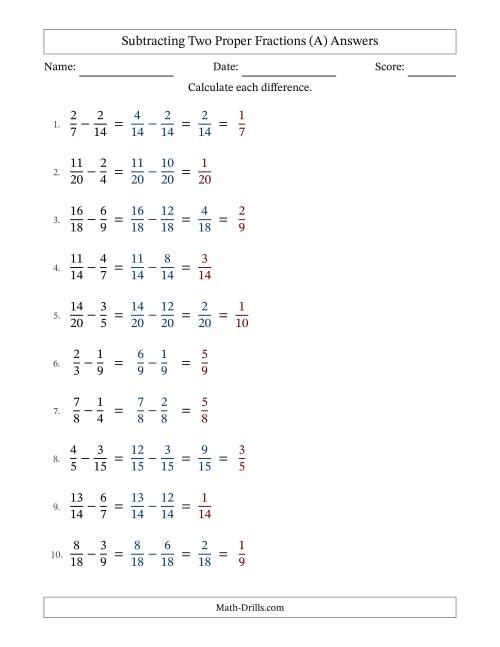 The Subtracting Fractions with Easy to Find Common Denominators (A) Math Worksheet Page 2