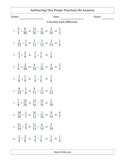 Subtracting Fractions with Easy to Find Common Denominators (B)