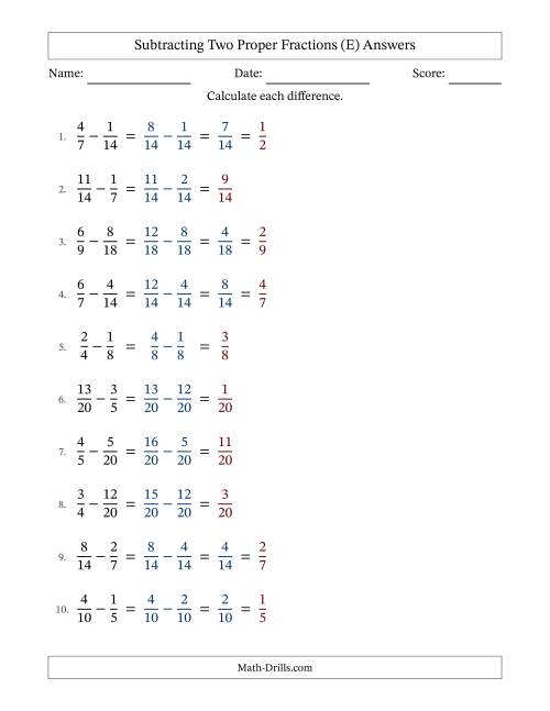 The Subtracting Two Proper Fractions with Similar Denominators, Proper Fractions Results and Some Simplifying (Fillable) (E) Math Worksheet Page 2