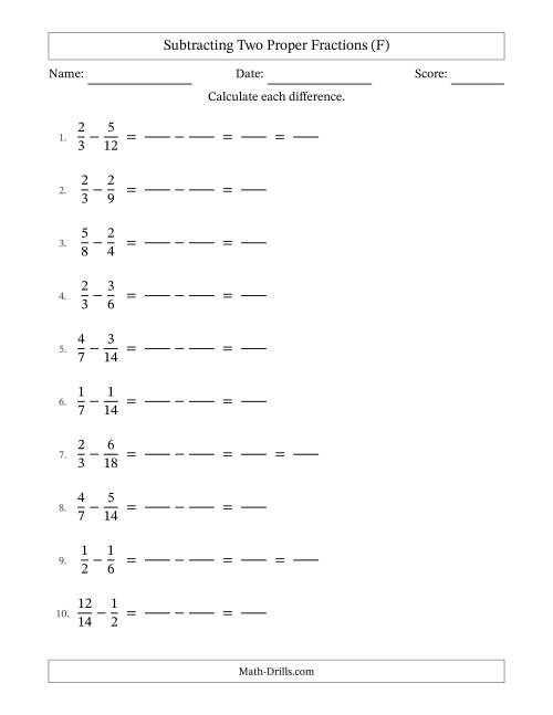The Subtracting Two Proper Fractions with Similar Denominators, Proper Fractions Results and Some Simplifying (Fillable) (F) Math Worksheet