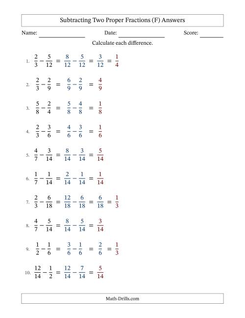 The Subtracting Two Proper Fractions with Similar Denominators, Proper Fractions Results and Some Simplifying (Fillable) (F) Math Worksheet Page 2
