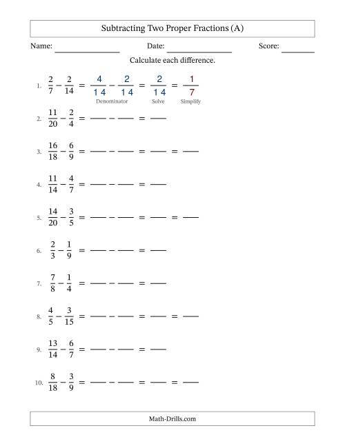 The Subtracting Two Proper Fractions with Similar Denominators, Proper Fractions Results and Some Simplifying (Fillable) (All) Math Worksheet