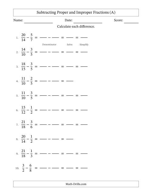 The Subtracting Fractions with Easy to Find Common Denominators and Some Improper Fractions (A) Math Worksheet