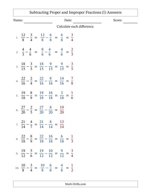 The Subtracting Proper and Improper Fractions with Similar Denominators, Proper Fractions Results and Some Simplifying (Fillable) (I) Math Worksheet Page 2