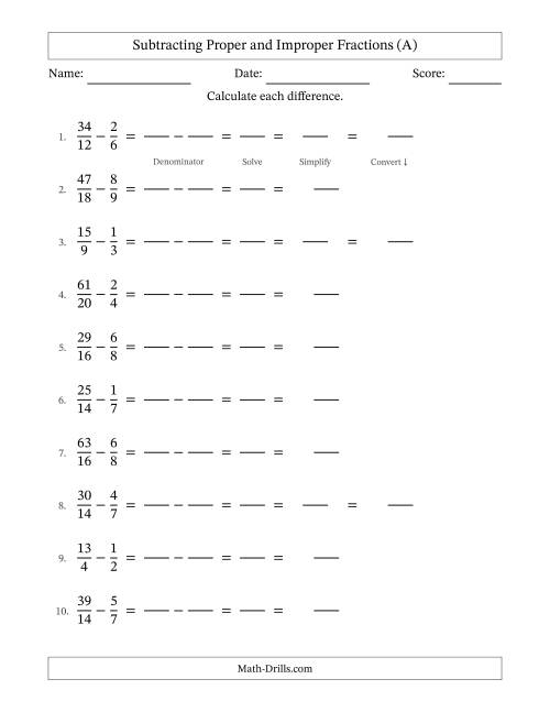 The Subtracting Fractions with Easy to Find Common Denominators and Some Improper Fractions and Mixed Fractions Results (A) Math Worksheet