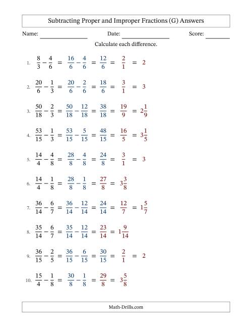 The Subtracting Proper and Improper Fractions with Similar Denominators, Mixed Fractions Results and Some Simplifying (Fillable) (G) Math Worksheet Page 2