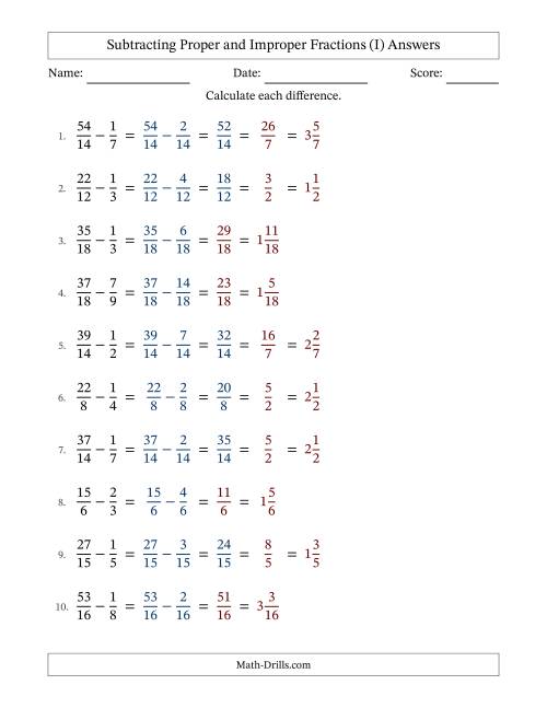 The Subtracting Proper and Improper Fractions with Similar Denominators, Mixed Fractions Results and Some Simplifying (Fillable) (I) Math Worksheet Page 2