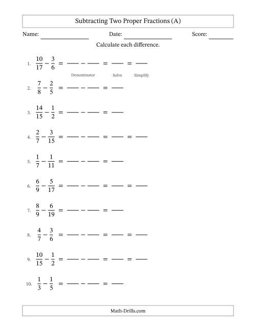 The Subtracting Fractions with Unlike Denominators (A) Math Worksheet