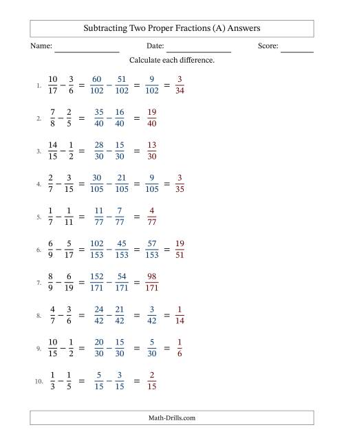 The Subtracting Fractions with Unlike Denominators (A) Math Worksheet Page 2