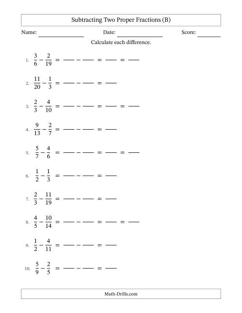 The Subtracting Two Proper Fractions with Unlike Denominators, Proper Fractions Results and Some Simplifying (Fillable) (B) Math Worksheet