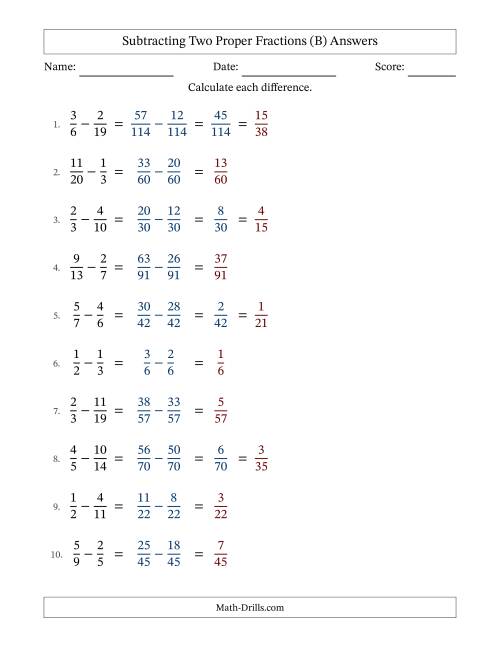 The Subtracting Two Proper Fractions with Unlike Denominators, Proper Fractions Results and Some Simplifying (Fillable) (B) Math Worksheet Page 2