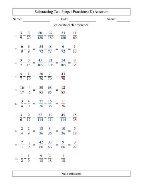 The Subtracting Two Proper Fractions with Unlike Denominators, Proper Fractions Results and Some Simplifying (Fillable) (D) Math Worksheet Page 2