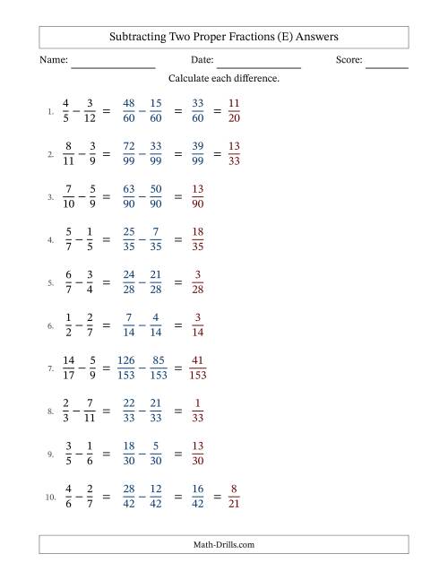The Subtracting Two Proper Fractions with Unlike Denominators, Proper Fractions Results and Some Simplifying (Fillable) (E) Math Worksheet Page 2