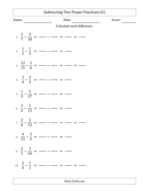 The Subtracting Two Proper Fractions with Unlike Denominators, Proper Fractions Results and Some Simplifying (Fillable) (G) Math Worksheet
