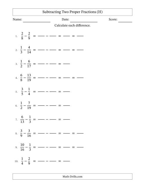 The Subtracting Two Proper Fractions with Unlike Denominators, Proper Fractions Results and Some Simplifying (Fillable) (H) Math Worksheet