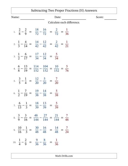 The Subtracting Two Proper Fractions with Unlike Denominators, Proper Fractions Results and Some Simplifying (Fillable) (H) Math Worksheet Page 2