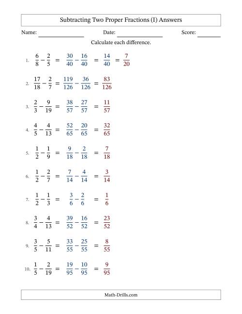 The Subtracting Two Proper Fractions with Unlike Denominators, Proper Fractions Results and Some Simplifying (Fillable) (I) Math Worksheet Page 2