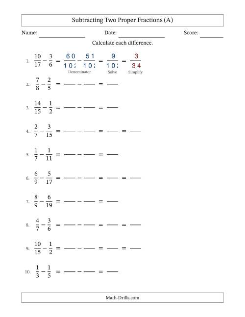 The Subtracting Two Proper Fractions with Unlike Denominators, Proper Fractions Results and Some Simplifying (Fillable) (All) Math Worksheet