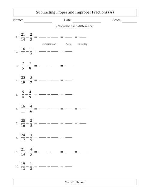 The Subtracting Fractions with Unlike Denominators and some Improper Fractions (A) Math Worksheet