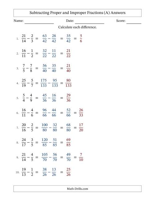 The Subtracting Fractions with Unlike Denominators and some Improper Fractions (A) Math Worksheet Page 2