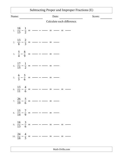 The Subtracting Proper and Improper Fractions with Unlike Denominators, Proper Fractions Results and Some Simplifying (Fillable) (E) Math Worksheet